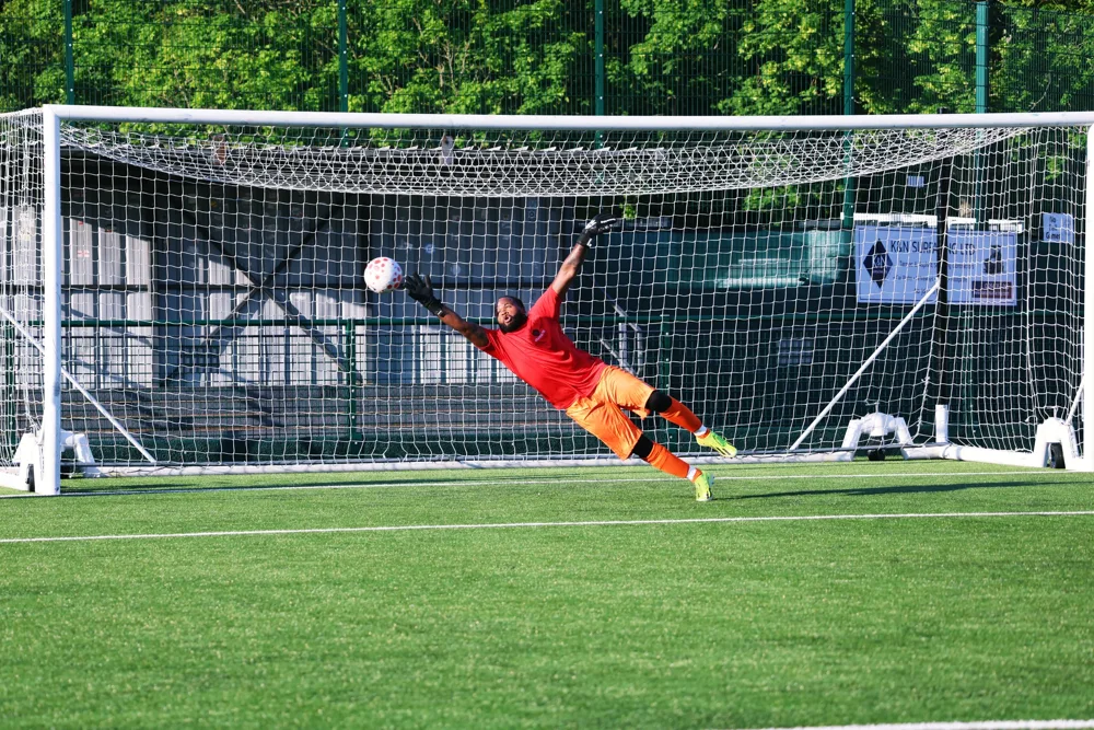 Goalkeeper diving across the goal
