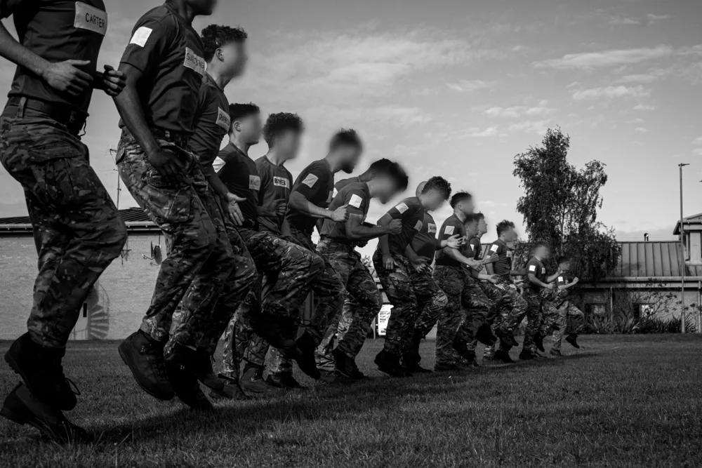 Black and white photograph of soldiers training together